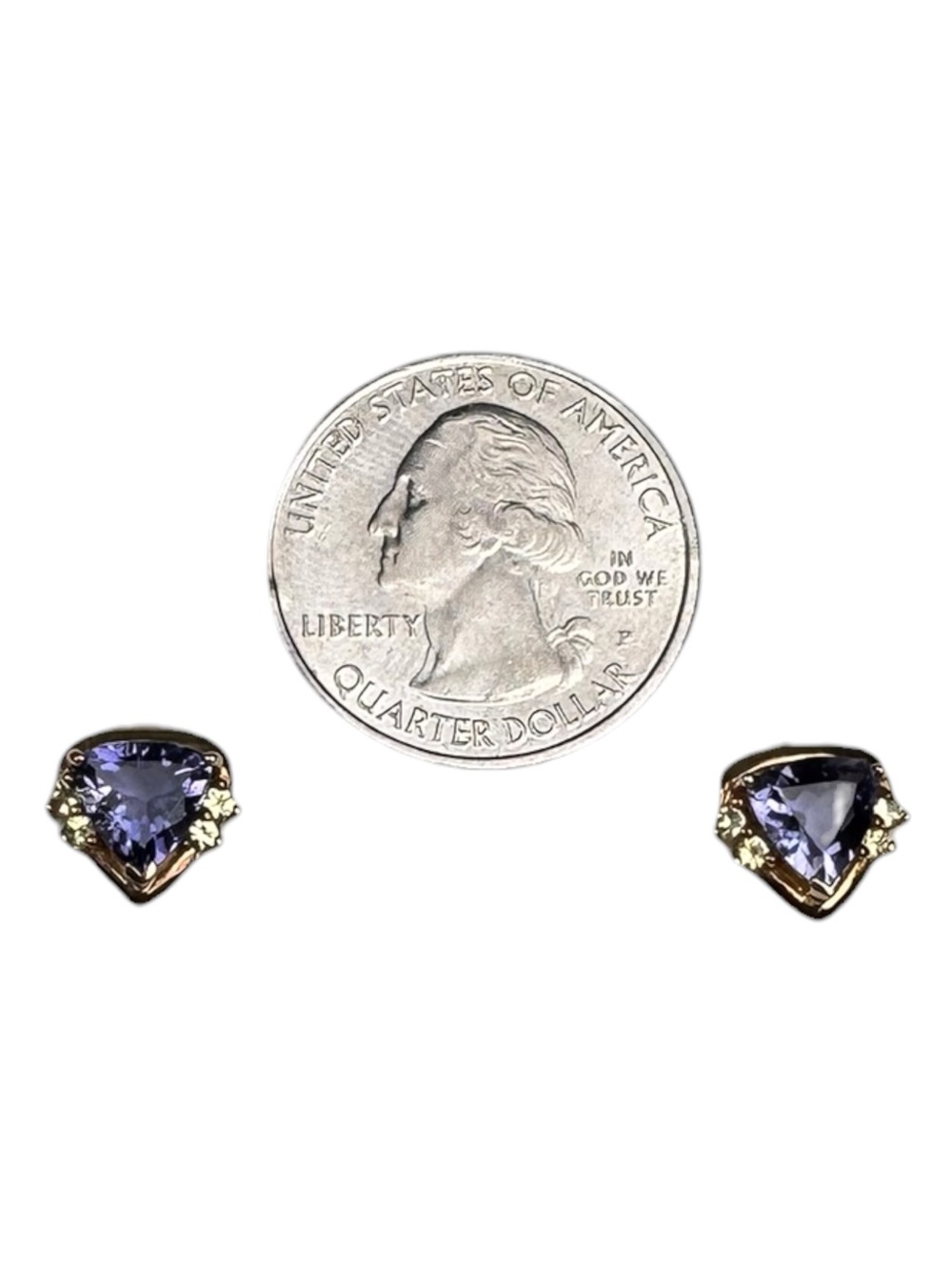 Gold Tone Purple Crystal Trillion Stud Earrings Amethyst Inspired 11mm - Picture 2 of 5